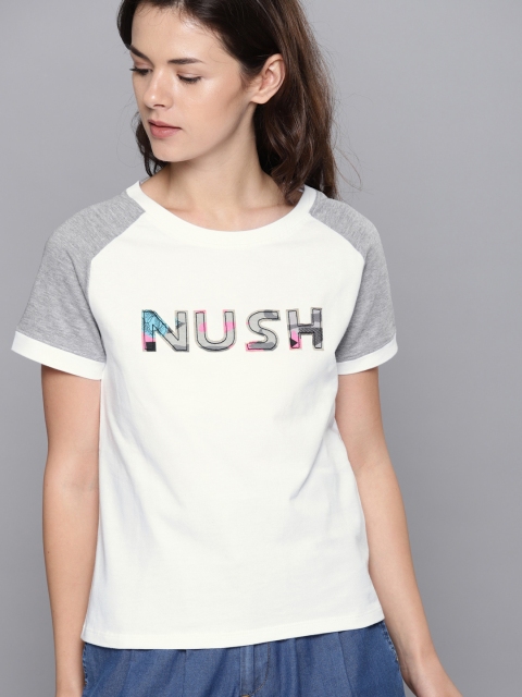 

NUSH Women White Printed Round Neck T-shirt