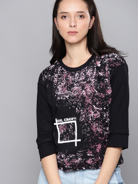 

NUSH Women Black Printed Round Neck T-shirt