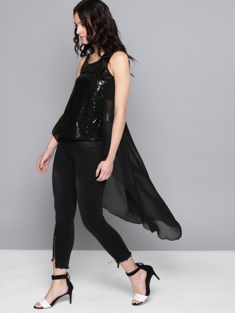 

NUSH Women Black Self Design Semi Sheer High-Low Top