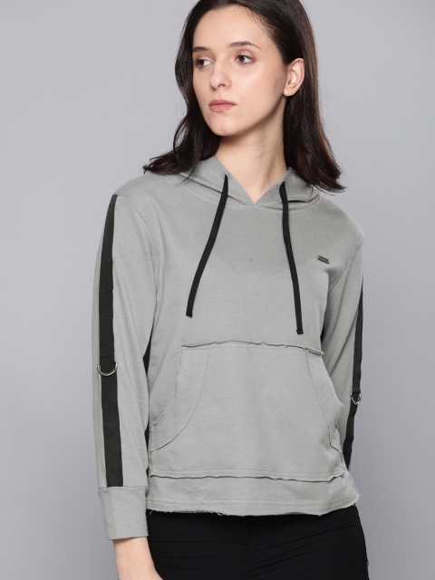 

NUSH Women Grey Solid Hooded Sweatshirt