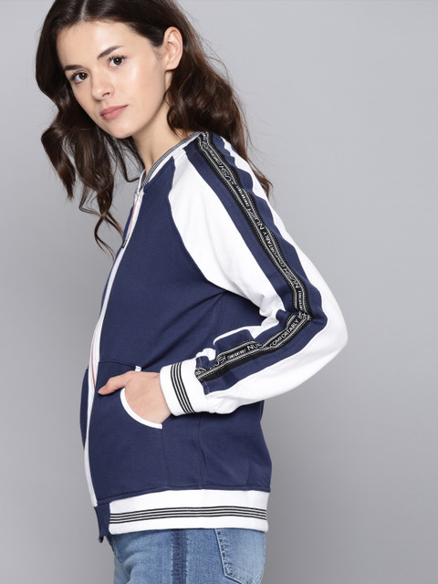 

NUSH Women Navy Blue & White Solid Sweatshirt