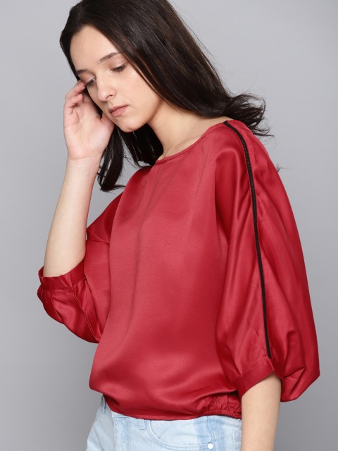 

NUSH Women Red Solid Boxy Top