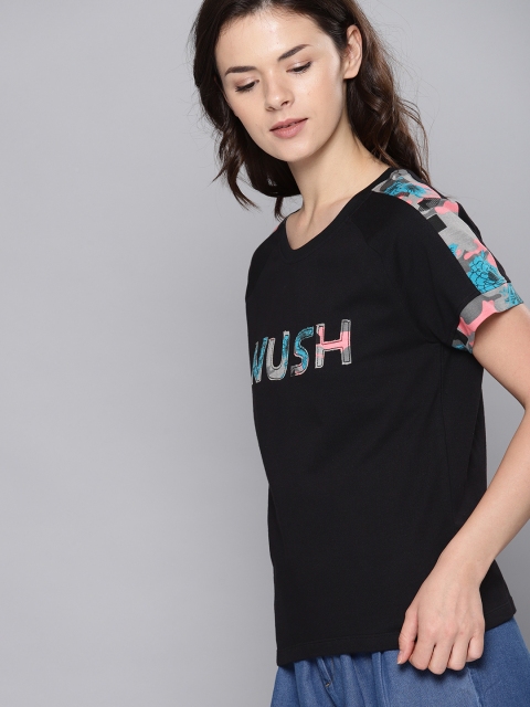 

NUSH Women Black Printed Round Neck Pure Cotton T-shirt