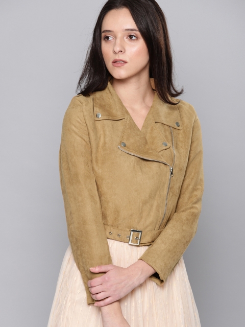 

NUSH Women Beige Solid Biker Jacket