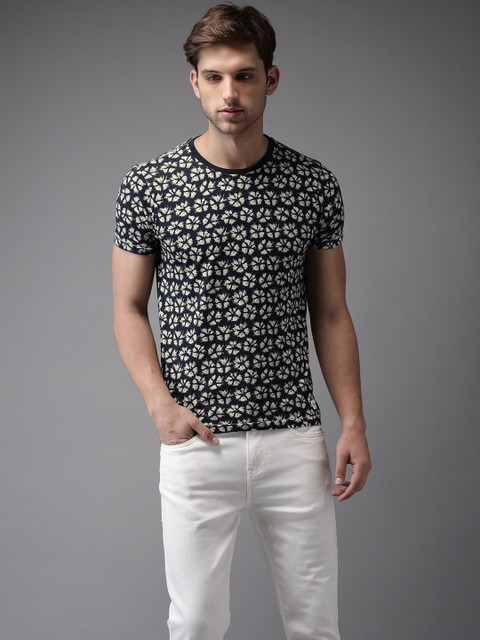 

Flying Machine Men Navy Blue Printed Pure Cotton T-shirt