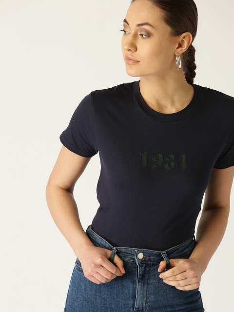 

MANGO Women Navy Blue Solid Round Neck T-shirt