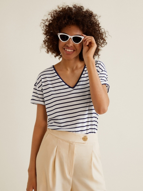 

MANGO Women White & Navy Striped V-Neck T-shirt