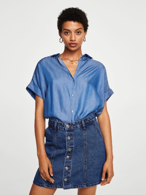 

MANGO Women Blue Regular Fit Chambray Casual Shirt