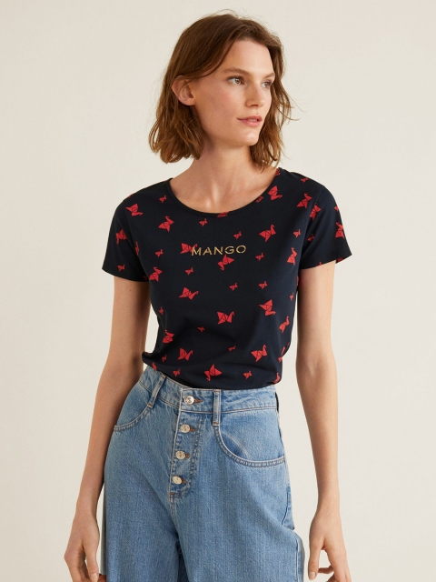 

MANGO Women Navy Blue Printed Round Neck T-shirt