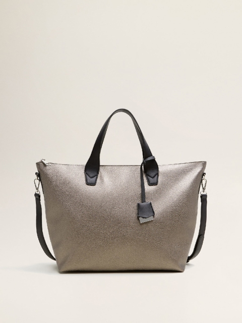 

MANGO Gunmetal-Toned Solid Handheld Bag with Detachable Sling Strap, Metallic