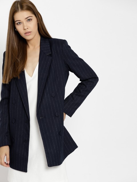 

MANGO Navy Blue & White Pinstriped Double-Breasted Longline Blazer