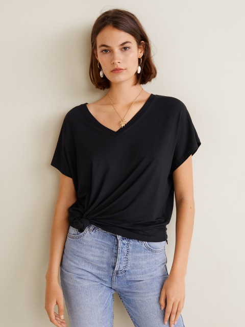 

MANGO Women Black Solid V-Neck T-shirt