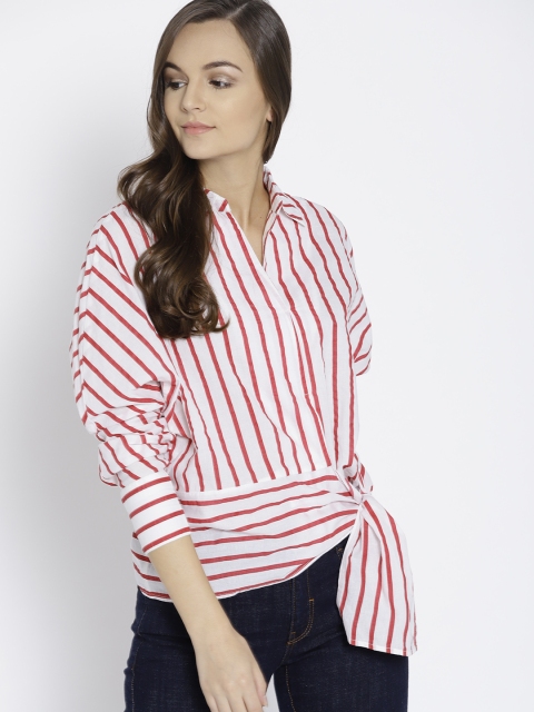 

MANGO Women White & Red Striped Shirt Style Top