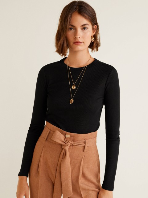 

MANGO Women Black Ribbed Round Neck T-shirt
