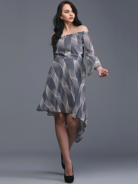 

Eavan Women Grey and White Printed Bardot Fit and Flare Dress