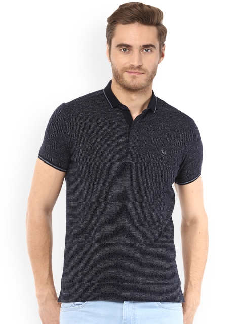 

Mufti Men Navy Blue and Grey Striped Polo Neck T-shirt