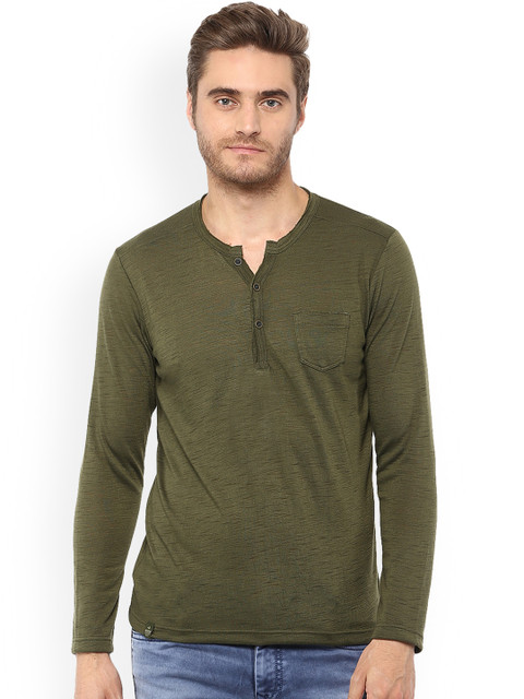 

Mufti Men Olive Green Solid Henley Neck T-shirt