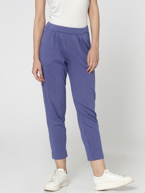 

ONLY Women Blue & White Loose Fit Striped Cropped Trousers