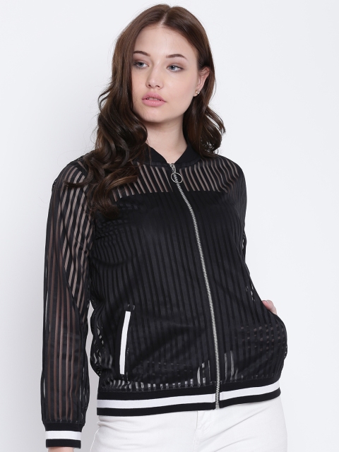 

Texco Black Striped Bomber Neck Full Sleeves Women Jacket