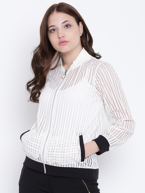 

Texco Off White Striped Bomber Neck Full Sleeves Women Jacket