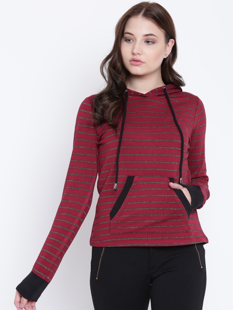 

Texco Women Maroon & Black Striped Hooded Sweatshirt