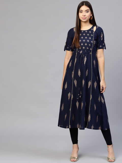 

Jaipur Kurti Women Navy Blue & Golden Printed A-Line Kurta