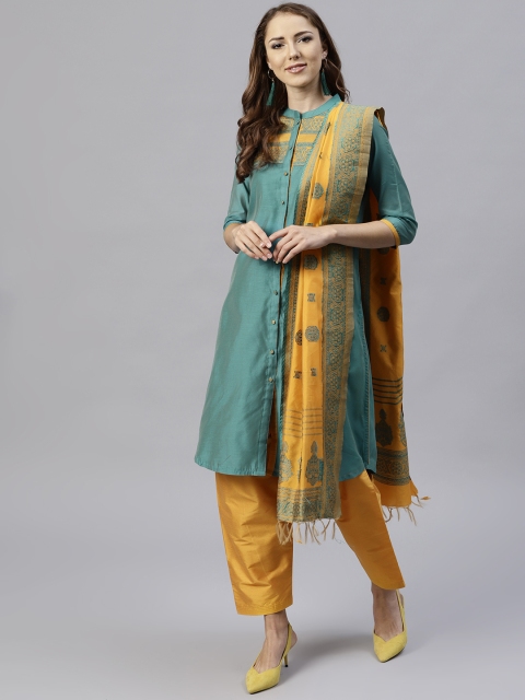 

Jaipur Kurti Women Green & Mustard Yellow Solid Kurta with Patiala & Dupatta