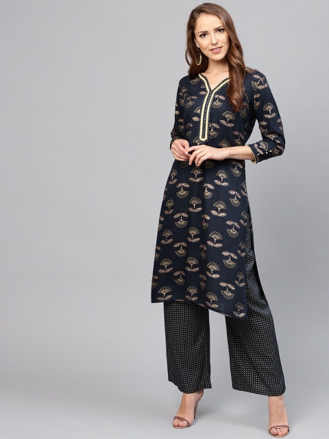 

Jaipur Kurti Women Navy & Golden Printed Kurta with Palazzos, Navy blue