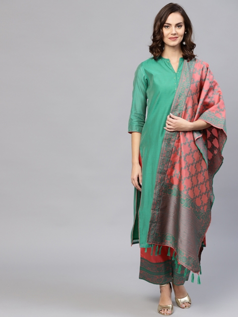 

Jaipur Kurti Women Green & Coral Pink Solid Kurta with Palazzos & Dupatta