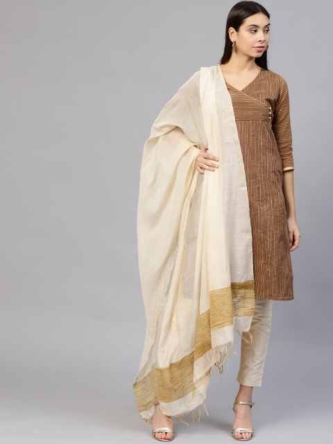 

Jaipur Kurti Women Brown & Cream-Coloured Striped Kurta with Trousers & Dupatta