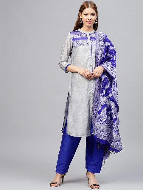 

Jaipur Kurti Women Grey & Blue Yoke Design Kurta with Salwar & Dupatta