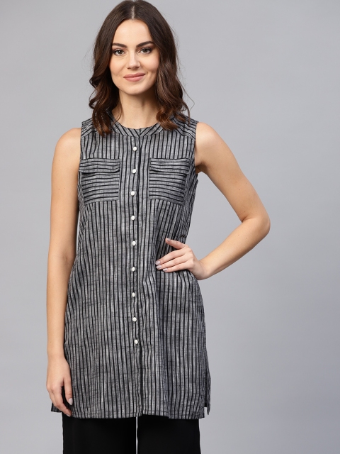 

Jaipur Kurti Women Grey Striped Shirt Style Top