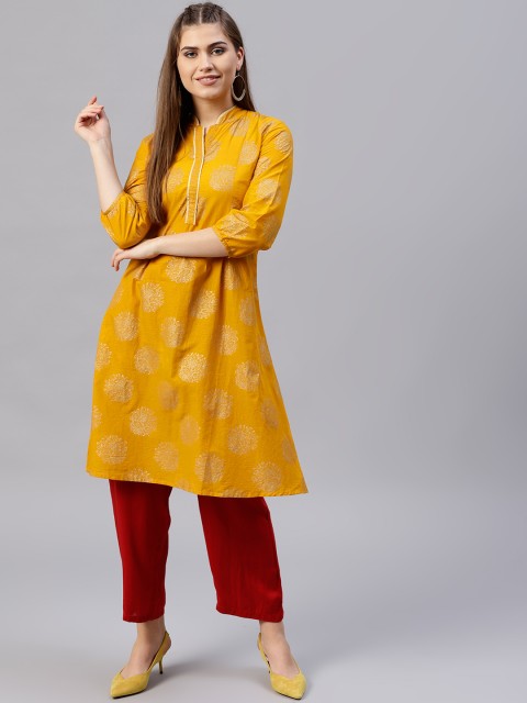 

Jaipur Kurti Women Mustard Yellow & Golden Printed A-Line Kurta