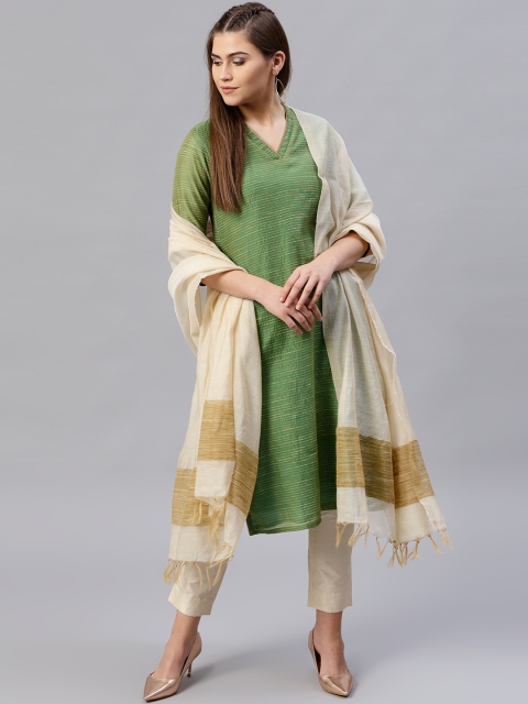 

Jaipur Kurti Women Green & Cream-Coloured Striped Kurta with Trousers & Dupatta