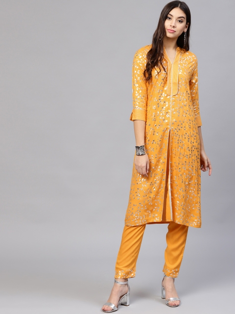 

Jaipur Kurti Women Mustard Yellow & Silver-Toned Printed Kurta with Trousers