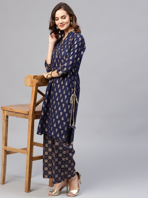 

Jaipur Kurti Women Navy Blue & Golden Printed Kurta with Palazzos