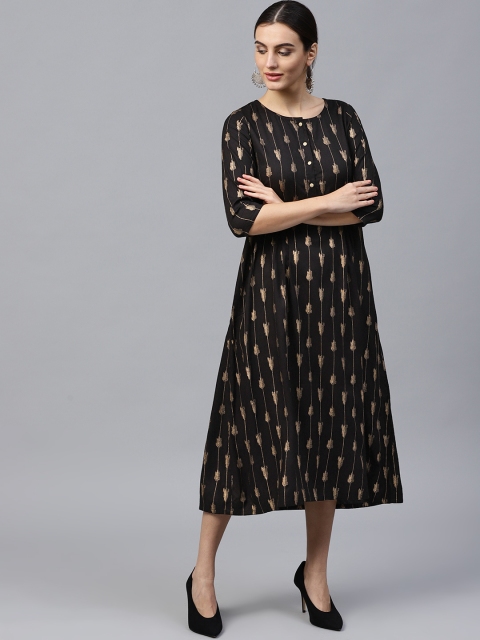 

Jaipur Kurti Women Black & Golden Printed A-Line Dress