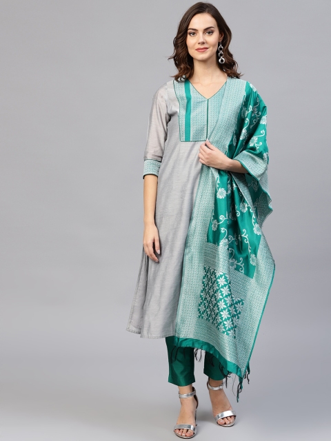 

Jaipur Kurti Women Grey & Green Solid Kurta with Trousers & Dupatta