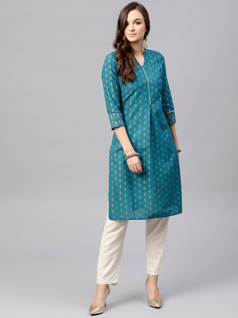 

Jaipur Kurti Women Teal Green Printed Straight Kurta