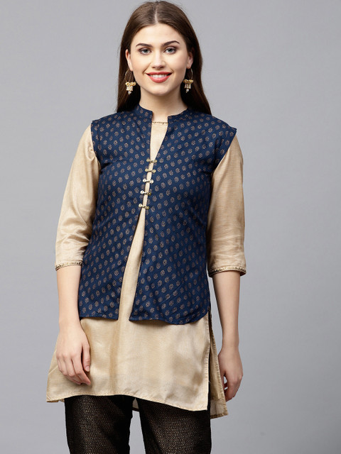 

Jaipur Kurti Women Navy Blue Printed Ethnic Jacket