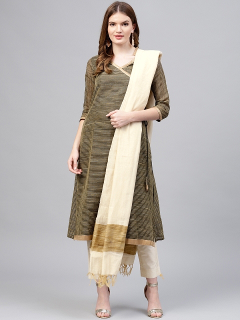 

Jaipur Kurti Women Black & Beige Silk Striped Kurta with Trousers & Dupatta