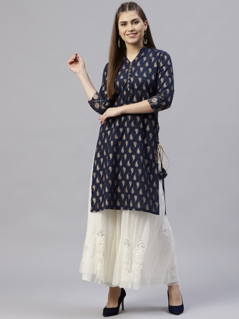 

Jaipur Kurti Women Navy Blue & Golden Printed Straight Kurta