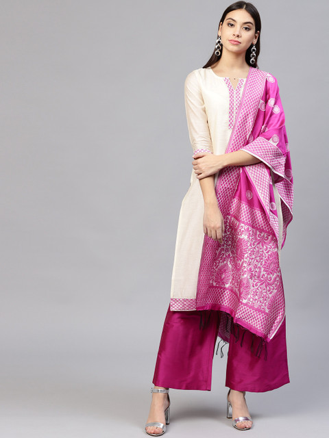 

Jaipur Kurti Women Off-White & Fuchsia Solid Kurta with Palazzos & Dupatta