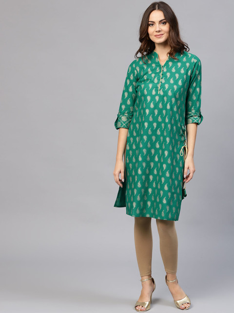 

Jaipur Kurti Women Green & Golden Printed Straight Kurta