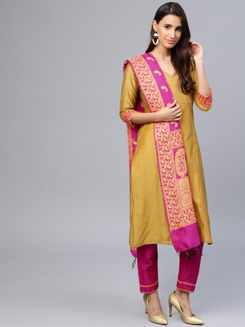 

Jaipur Kurti Women Mustard Yellow & Pink Yoke Design Kurta with Trousers & Dupatta