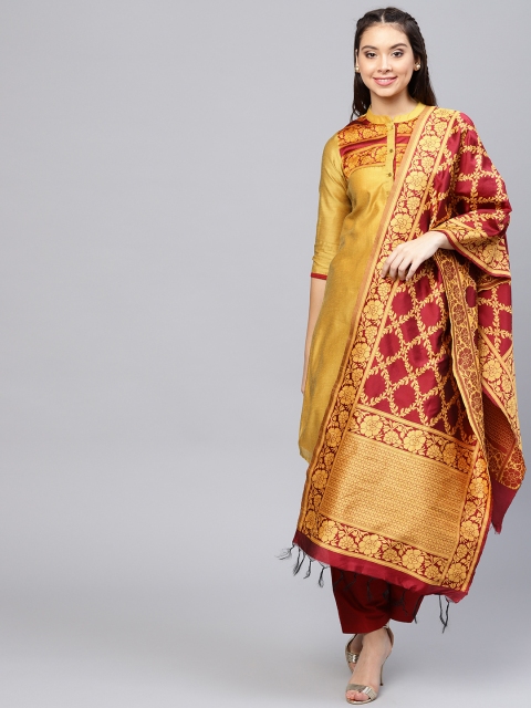 

Jaipur Kurti Women Mustard Yellow & Maroon Solid Kurta with Salwar & Dupatta