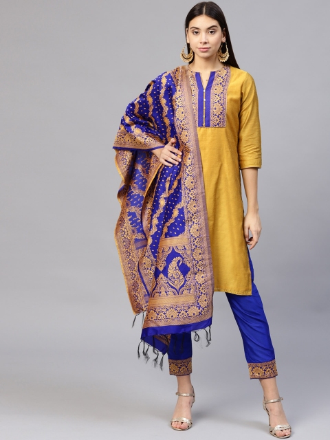 

Jaipur Kurti Women Mustard & Blue Yoke Design Kurta with Trousers & Dupatta