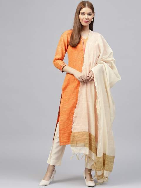 

Jaipur Kurti Women Orange & Beige Silk Striped Kurta with Trousers & Dupatta