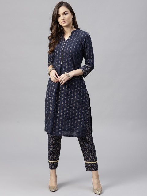 

Jaipur Kurti Women Navy Blue & Golden Printed Kurta with Trousers