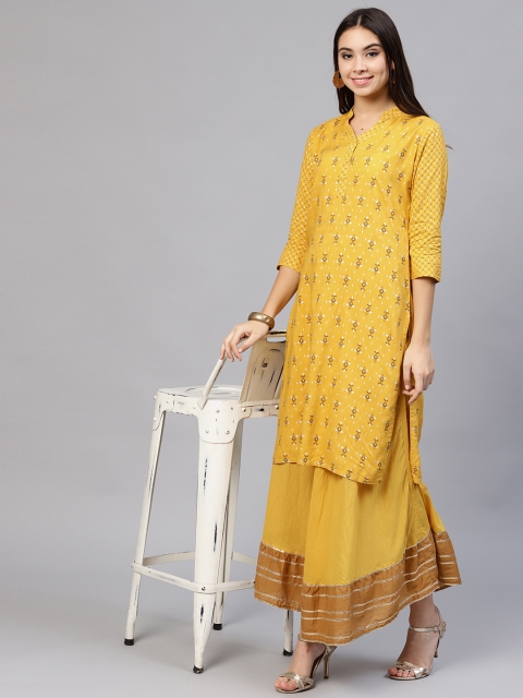

Jaipur Kurti Women Mustard Yellow Printed Kurta with Skirt